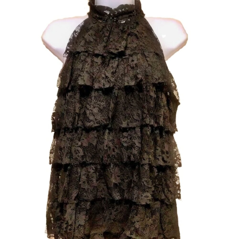 Kenar Tiered black lace top, Sz Small